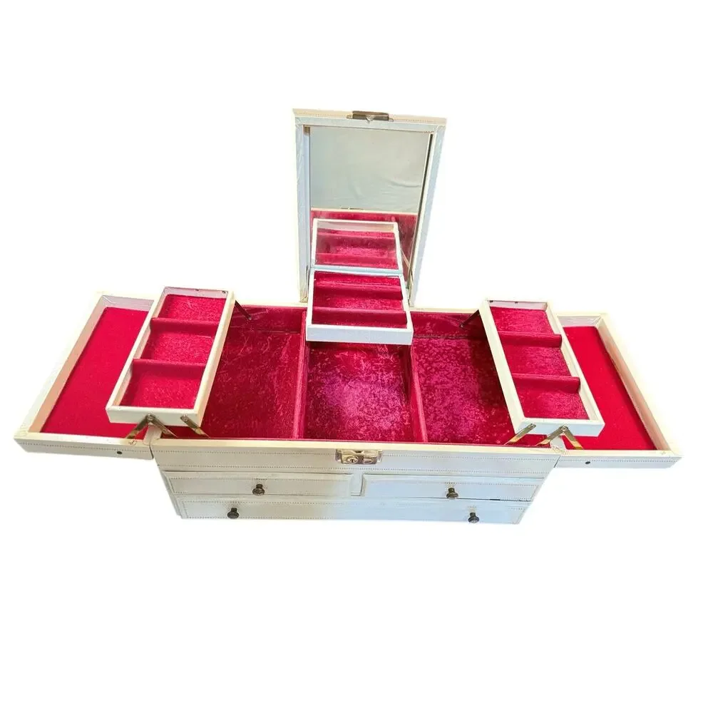 Vintage Ivory Jewelry Chest Red Velvet Mirror Locking 3 Drawer Jewelry Box Case